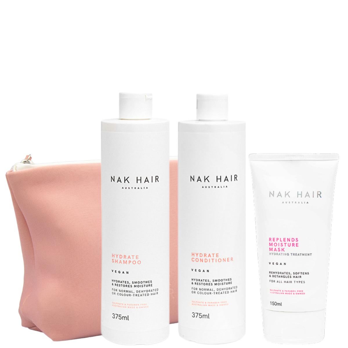 Набор в косметичке NAK Holiday Hydrate Trio «Увлажнение»: шампунь, кондиционер и маска